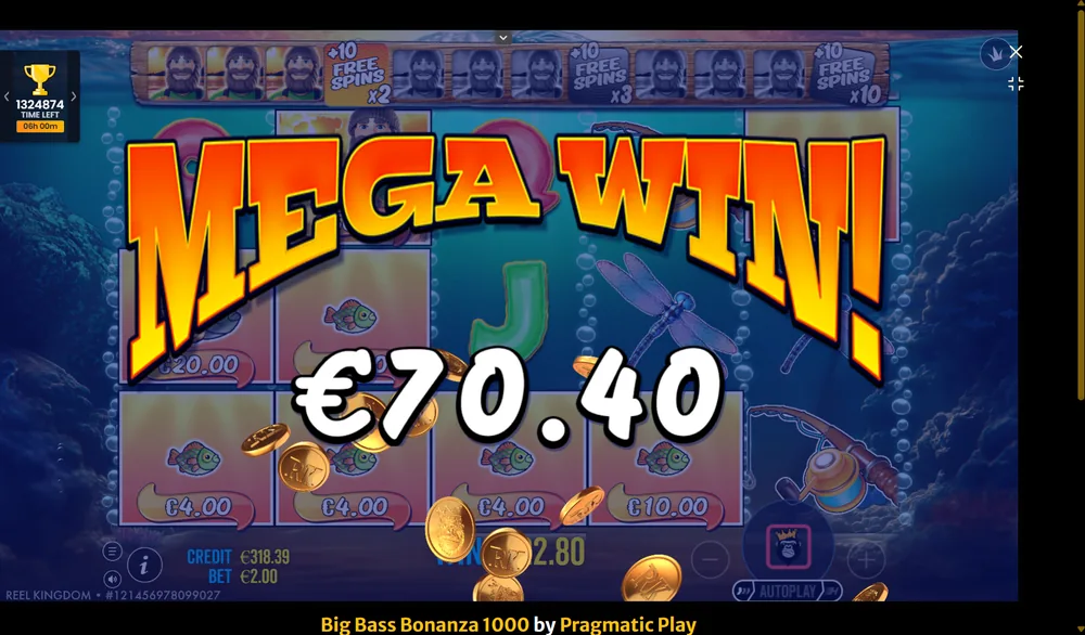 Big Bass Bonanza 1000 — Mega Win €70,40 med brezplačnimi vrtljaji