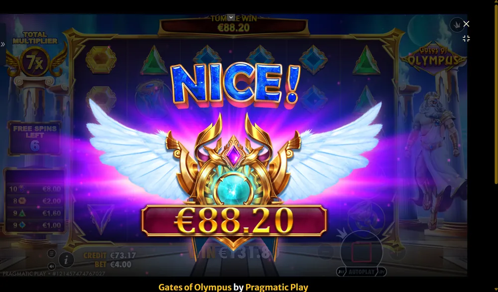 Gates of Olympus — zmaga €88,20 pri 7x skupnem množitelju