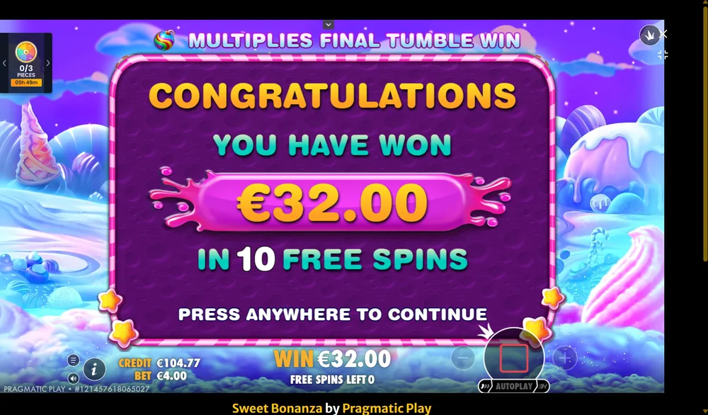 Sweet Bonanza — zmaga €32 v 10 brezplačnih vrtljajih